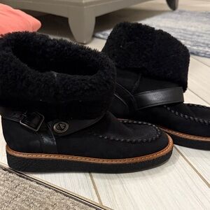 Coach Black Shearling Moto Moccasins with Brown Trim